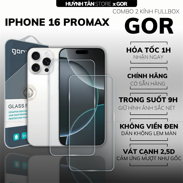 COMBO 2 KÍNH CƯỜNG LỰC IPHONE 16 PROMAX TRONG SUỐT CHÍNH HÃNG GOR