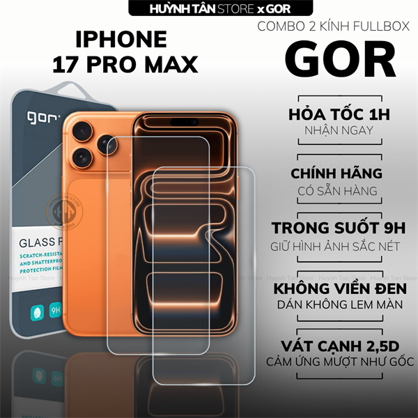 COMBO 2 KÍNH CƯỜNG LỰC IPHONE 17 PROMAX TRONG SUỐT CHÍNH HÃNG GOR