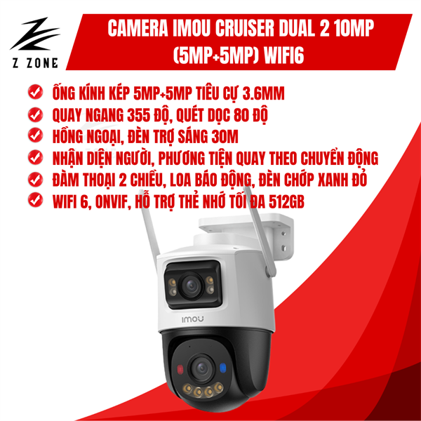 Camera Imou IPC-S7XEP-10M0WED Cruiser Dual 2 10MP - Quay đêm có màu, AI thông minh, Đàm thoại 2 chiều