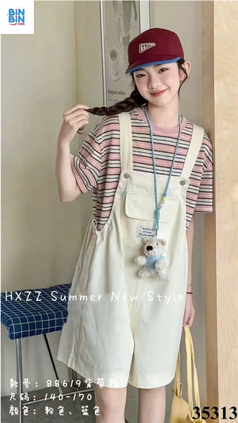 35313-Set yếm quần sọc hồng nâu