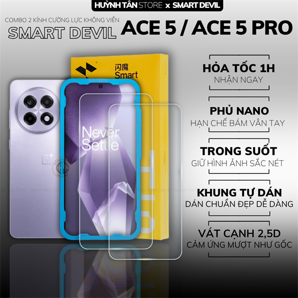 COMBO 2 KÍNH CƯỜNG LỰC ONEPLUS ACE 5 / 5 PRO trong suốt dán màn hình kèm khung tự dán chính hãng Smart Devil