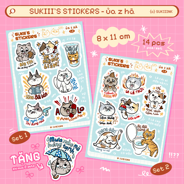 [TẶNG 1 STK] Bộ 2 tấm Sticker Mèo "ủa z hã" by SUKIIINK 14 miếng +1 - Decal cán màng bóng - Trang trí, dán sổ, sưu tầm