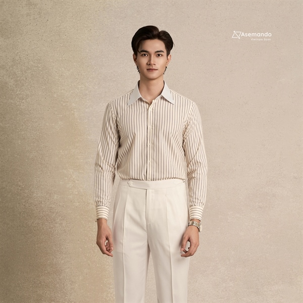 Winchester Be sáng sọc tím nhạt Áo sơ mi nam tay Cocktail Cuff chính hãng Asemando