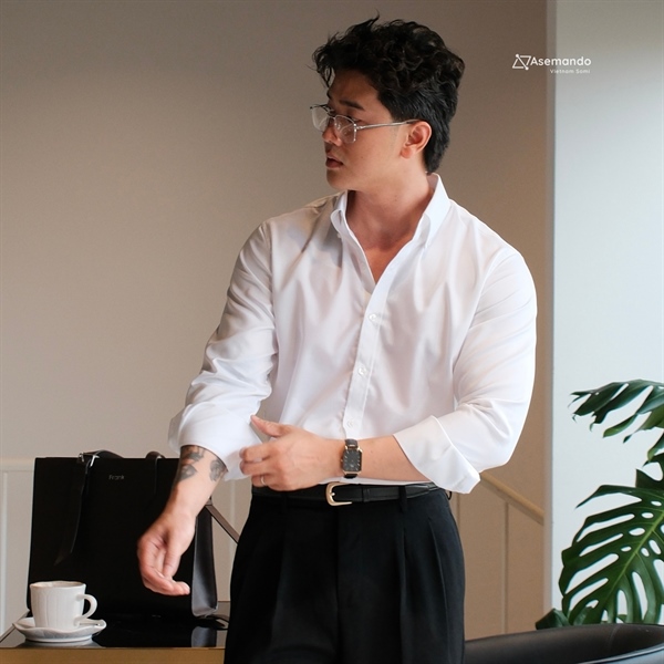 Buttondown Trắng trơn vải Cotton cao cấp thiết chính hãng Asemando