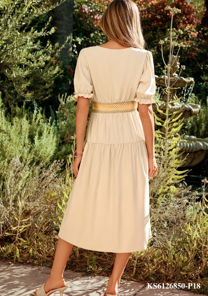 Apricot Contrast Shirred Elastic Waist Short Sleeve Midi Dress