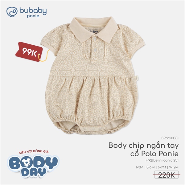 PN2303 - 9M/12M Body chip ngắn tay cổ Polo Ponie Bubaby - Be in iconic 251