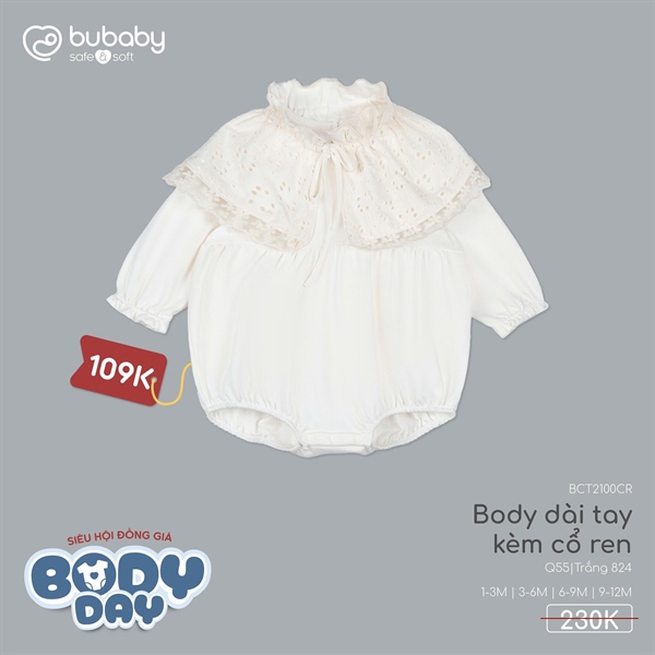 T2100 - Body dài tay kèm cổ ren Bubaby - Trắng 824