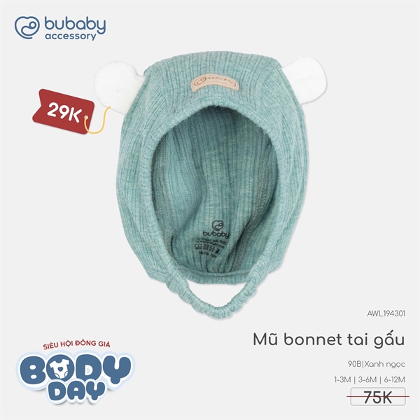 WL1943 - Mũ Bonnet tai gấu Bubaby - Xanh ngọc