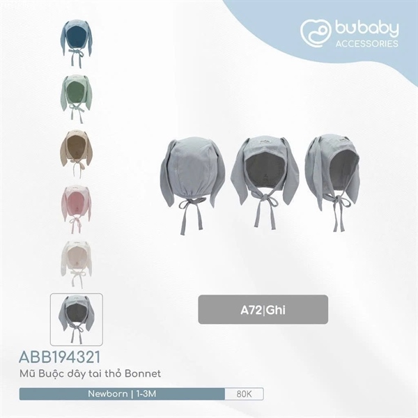 BB1943 - NB/3M Mũ Buộc dây tai thỏ Bonnet Bubaby - Ghi