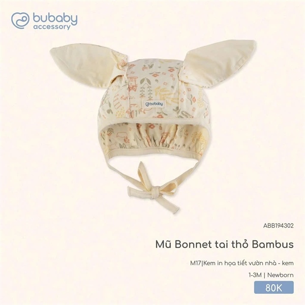 BB1943 - Mũ Bonnet tai thỏ Bambus Bubaby - Kem in họa tiết vườn nhà - kem