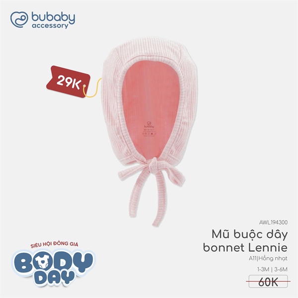WL1943 - 3M/6M Mũ Buộc dây bonnet Lennie Bubaby - Hồng nhạt