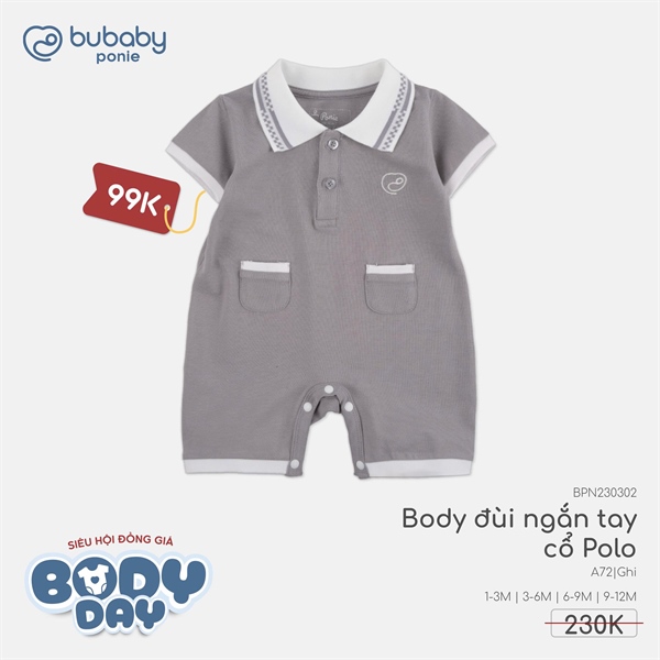 PN2303 - Body đùi ngắn tay cổ Polo Bubaby - Ghi