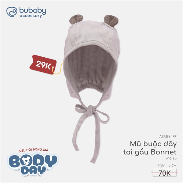 SR1964 - Mũ buộc dây tai gấu Bonnet Bubaby - Be