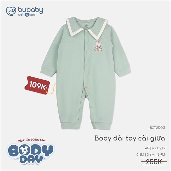 CT2102 - Body dài tay cài giữa Bubaby - Xanh ghi