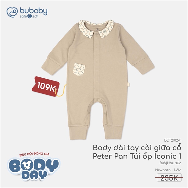T2102 - Body dài tay cài giữa cổ Peter Pan Túi ốp Iconic 1 Bubaby - Ghi