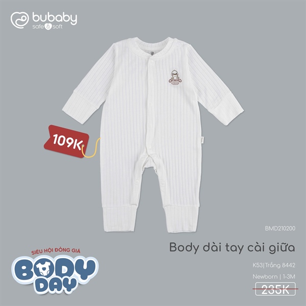 MD2102 - NB/3M Body dài tay cài giữa Bubaby - Trắng 8442