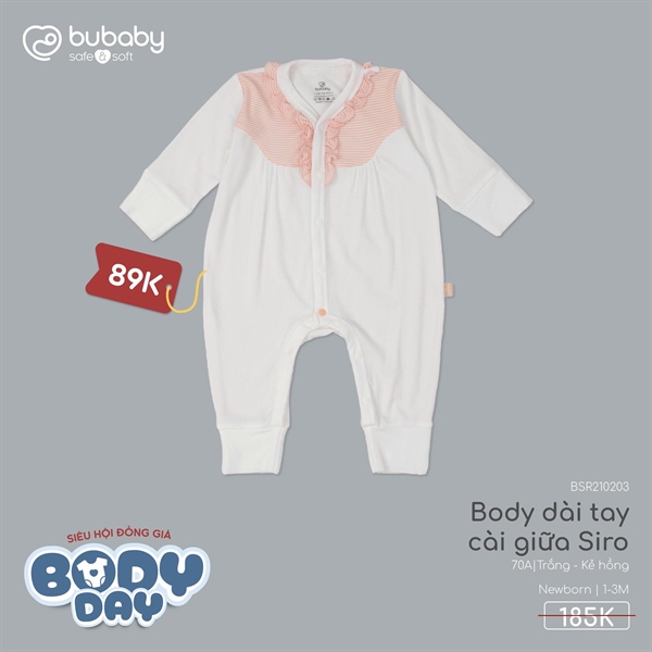 SR2102 - Body dài tay cài giữa Siro Bubaby - Kẻ cam đất - cam đất