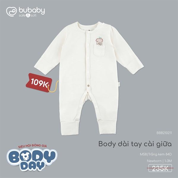BB2102 - Body dài tay cài giữa Bubaby - Trắng kem 84D