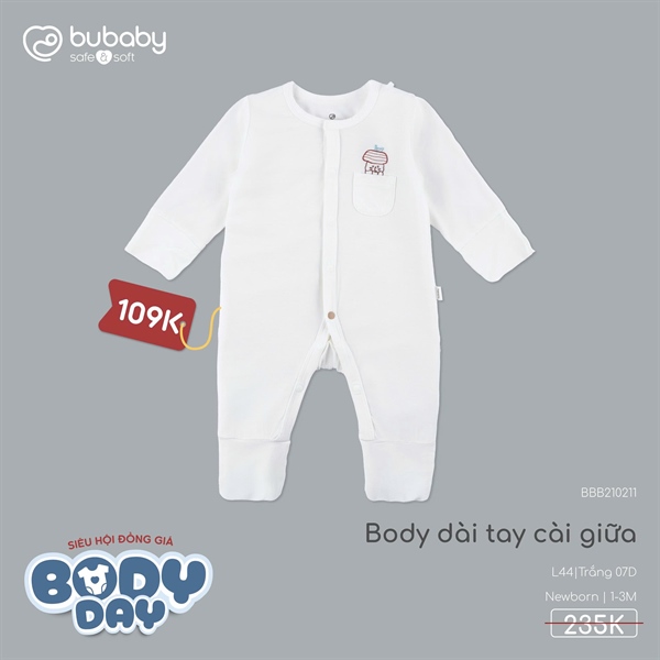 BB2102 - NB/3M Body dài tay cài giữa Bubaby - Trắng 07D
