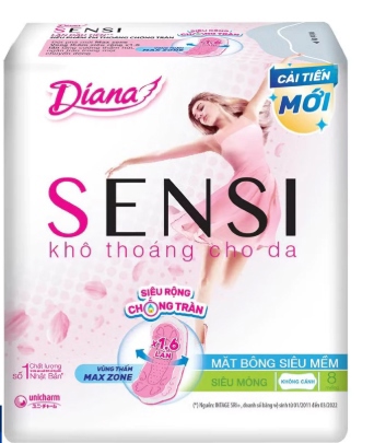 BVS Diana Sensi (Khô thoáng cho da) (Siêu mỏng - Không Cánh) (Bịch 6 Gói) (Gói 8 miếng) - Unicharm