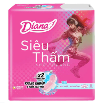 BVS Diana Siêu thấm (Khô thoáng) (Siêu mỏng - Cánh) (Bịch 6 Gói) (Gói 8 miếng) - Unicharm