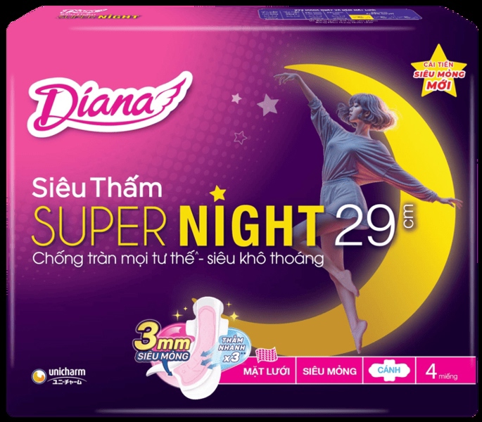 BVS Diana Siêu thấm SuperNight 29cm (Bịch x 6 gói) (Gói 4 miếng) - Unicharm