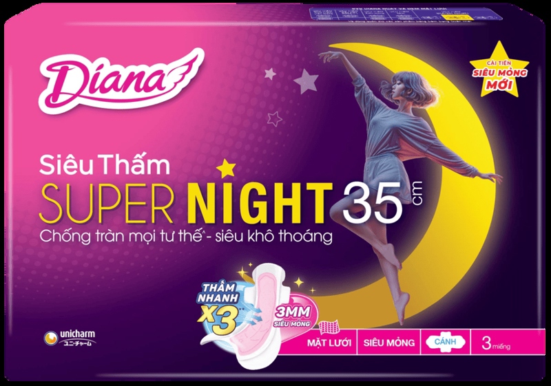 BVS Diana Siêu thấm SuperNight 35cm (Bịch x 6 gói) (Gói 3 miếng) - Unicharm