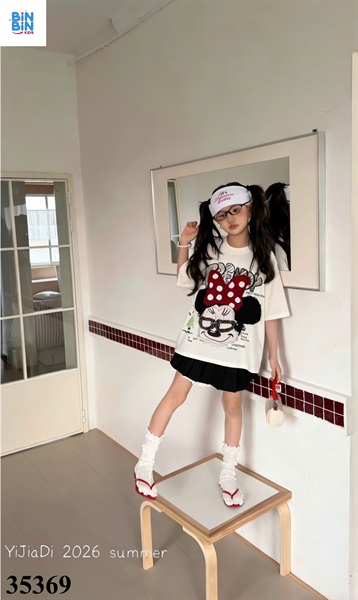 35369-Áo thun trắng Mickey nơ chấm cườm
