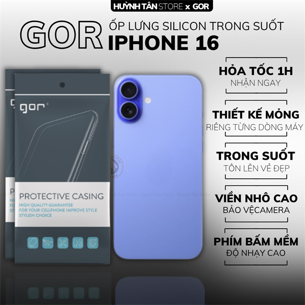 COMBO 2 Ốp lưng IPHONE 16 silicon trong suốt GOR bảo vệ camera sau đt hãng GOR