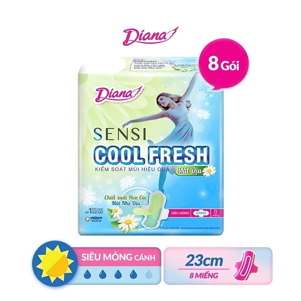 Băng vệ sinh. Diana Sensi Cool Fresh mát dịu siêu mỏng có cánh hoa cúc 8 miếng