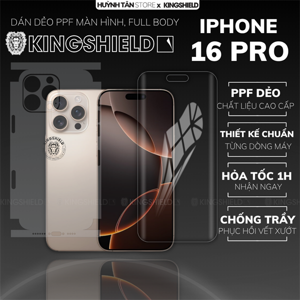 Dán PPF IPHONE 16 PRO MÀN HÌNH TRONG SUỐT chống trầy xướt ít bám vân tay KINGSHIELD