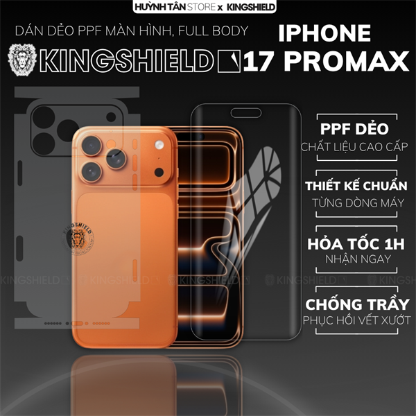 Dán PPF IPHONE 17 PROMAX MÀN HÌNH TRONG SUỐT chống trầy xướt ít bám vân tay KINGSHIELD