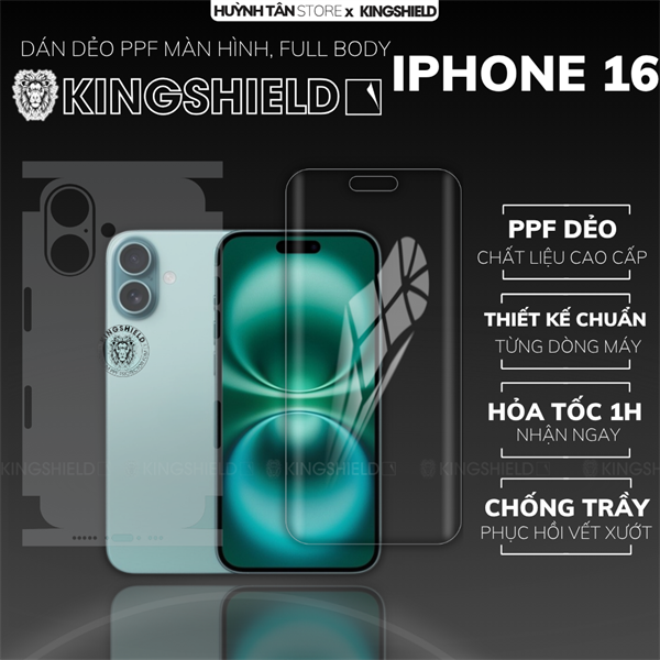 Dán PPF IPHONE 16 FULL BODY nhám chống trầy xướt ít bám vân tay KINGSHIELD