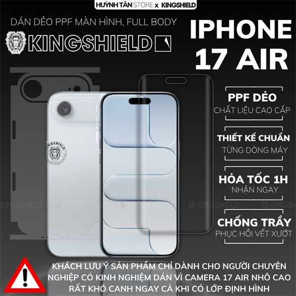 Dán PPF IPHONE 17 AIR FULL BODY nhám chống trầy xướt ít bám vân tay KINGSHIELD