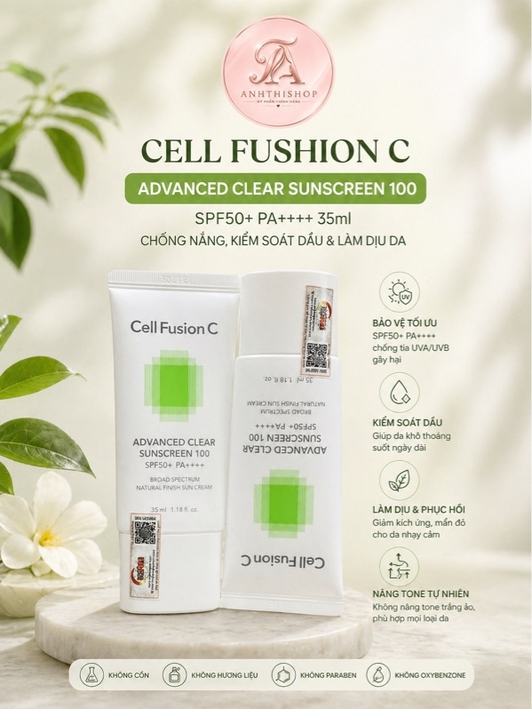 [Cell Fushion C] Kem chống nắng ADVANCED CLEAR sunscreen 100 SPF50+ PA++++ 35ml (xanh lá)