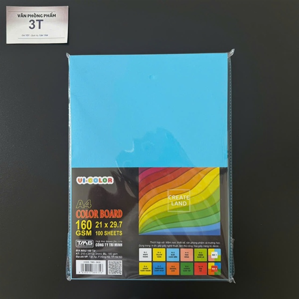 Giấy bìa A4 160GSM (giấy cứng) VI.COLOR màu XANH DƯƠNG