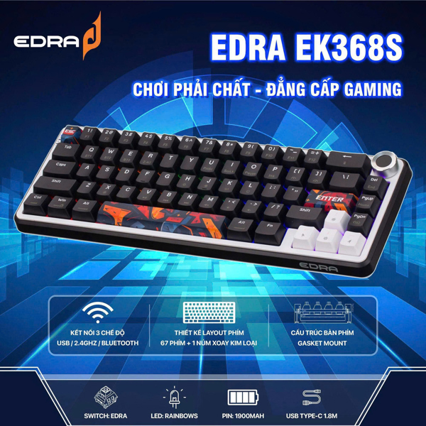 Bàn phím cơ có dây EDRA EK368S (Triple Mode Gaming Keyboard) – Bản 67 phím - USB / 2.4G / Bluetooth
