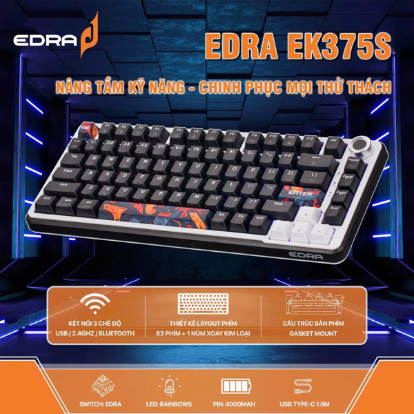 Bàn phím cơ có dây EDRA EK375S (Triple Mode Gaming Keyboard) – Bản 83 phím - USB / 2.4G / Bluetooth