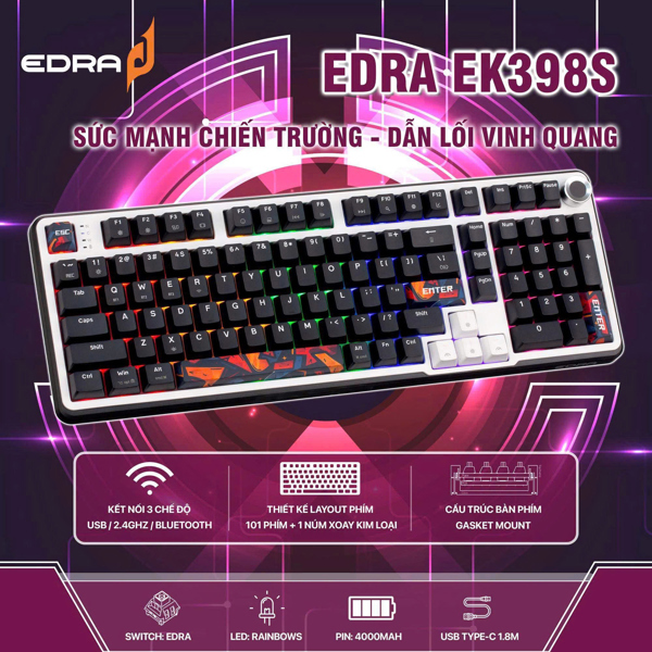 Bàn phím cơ có dây EDRA EK398S (Triple Mode Gaming Keyboard) – Bản 101 phím - USB / 2.4G / Bluetooth