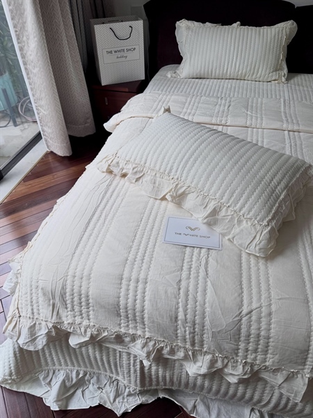 Bộ ga "An Du" | 100% cotton tự nhiên - Chần sọc zic zac, viền bèo - Vỏ chăn chần 200x230 cm - LY04.01