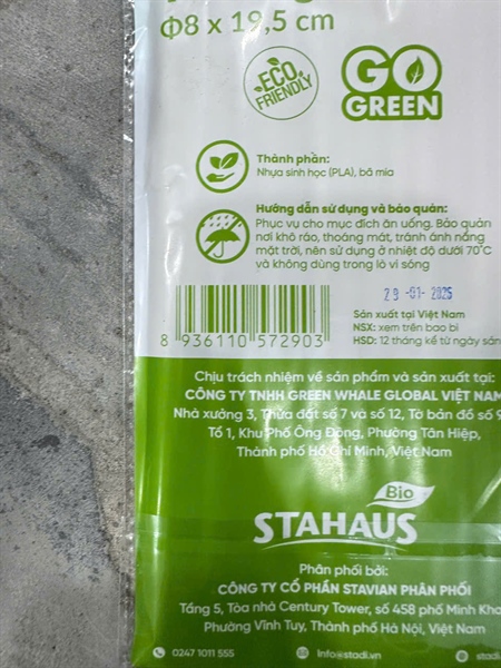 Ống hút nhựa phân hủy sinh học stahaus 8x195mm