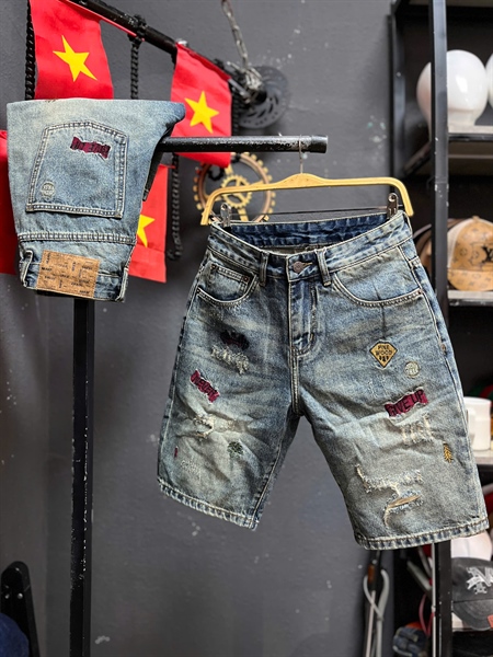 Sort Jean QC BGC-T9559 xanh was thêu hoạ tiết màu