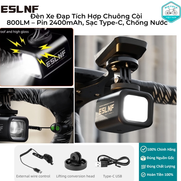 Đèn Xe Đạp Tích Hợp Chuông Còi ESLNF 2in1 800LM – Pin 2400mAh, Sạc Type-C, Chống Nước