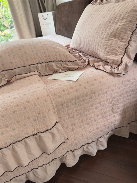 Bộ ga “Yên Lam” | Cotton Linen Pháp - Chần full, Vỏ chăn chần 200x230 cm - Chần họa tiết nơ, viền bèo - JF03.03