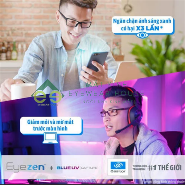 Essilor Pháp 1.60 EYEZEN tròng kỹ thuật số (Thư giãn và bảo vệ mắt tối đa) -Tròng đánh váng phủ Crizal Rock (bền x3)