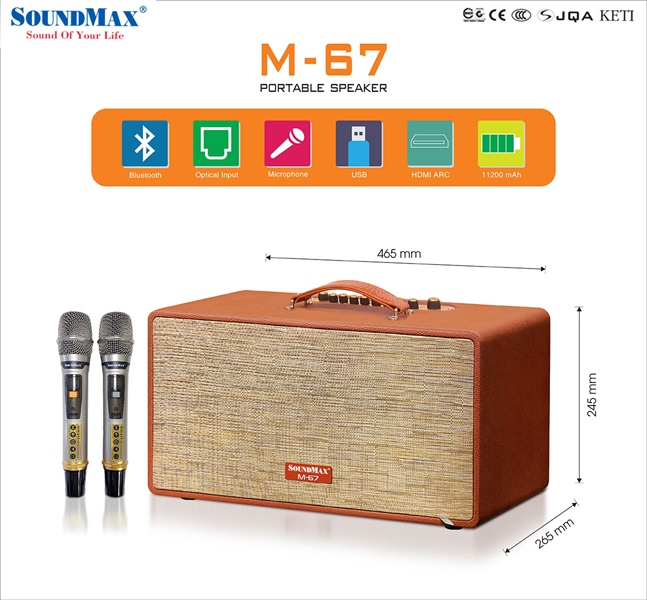 Loa Karaoke di động Soundmax M67 (2 Micro/ Bluetooth/ AUX/ HDMI ARC/ Optical/ USB)
