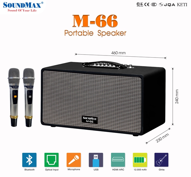 Loa Karaoke di động Soundmax M66 (2 micro/ Bluetooth/ AUX/ HDMI ARC/ Optical/ Thẻ TF/ Micro/ guitar (6mm))