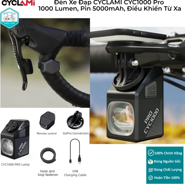 Đèn Treo Xe Đạp CYCLAMI CYC1000 Pro - 1000 Lumen, Pin 5000mAh, Sạc Type-C Điều Khiển Từ Xa Chống Chói
