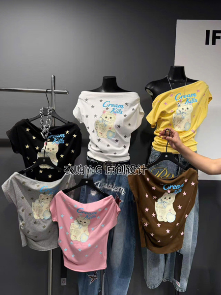 Top lệch vai chấm bi in mèo cute 6 màu