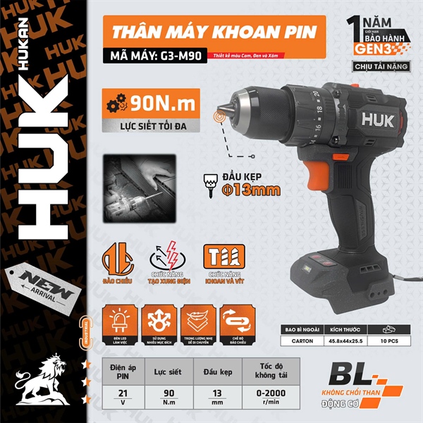 Thân máy khoan pin G3-M90 Hukan màu xám cam